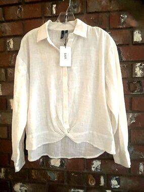 NWT L.U.V 100% Collared White Linen Blouse shirt Twist Front Long sleeve XS- S